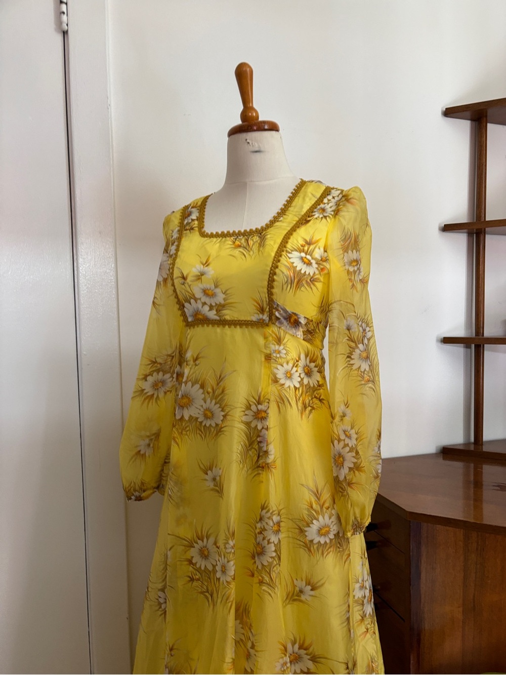 Vintage Yellow Long Sleeve Daisy Floral Prairie Maxi Dress